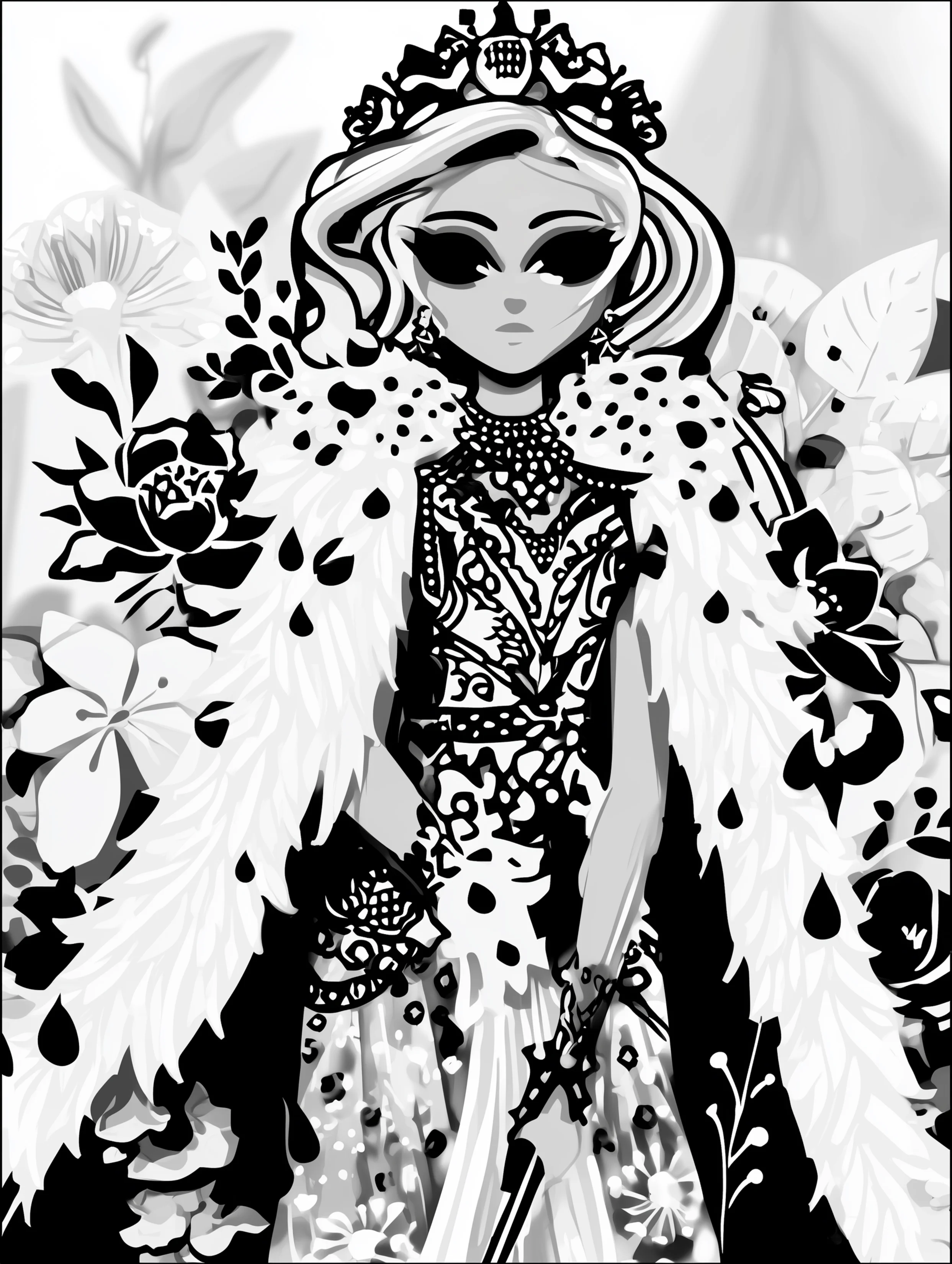 Free printable queen coloring page for adults featuring a queen wearing a fur cloak